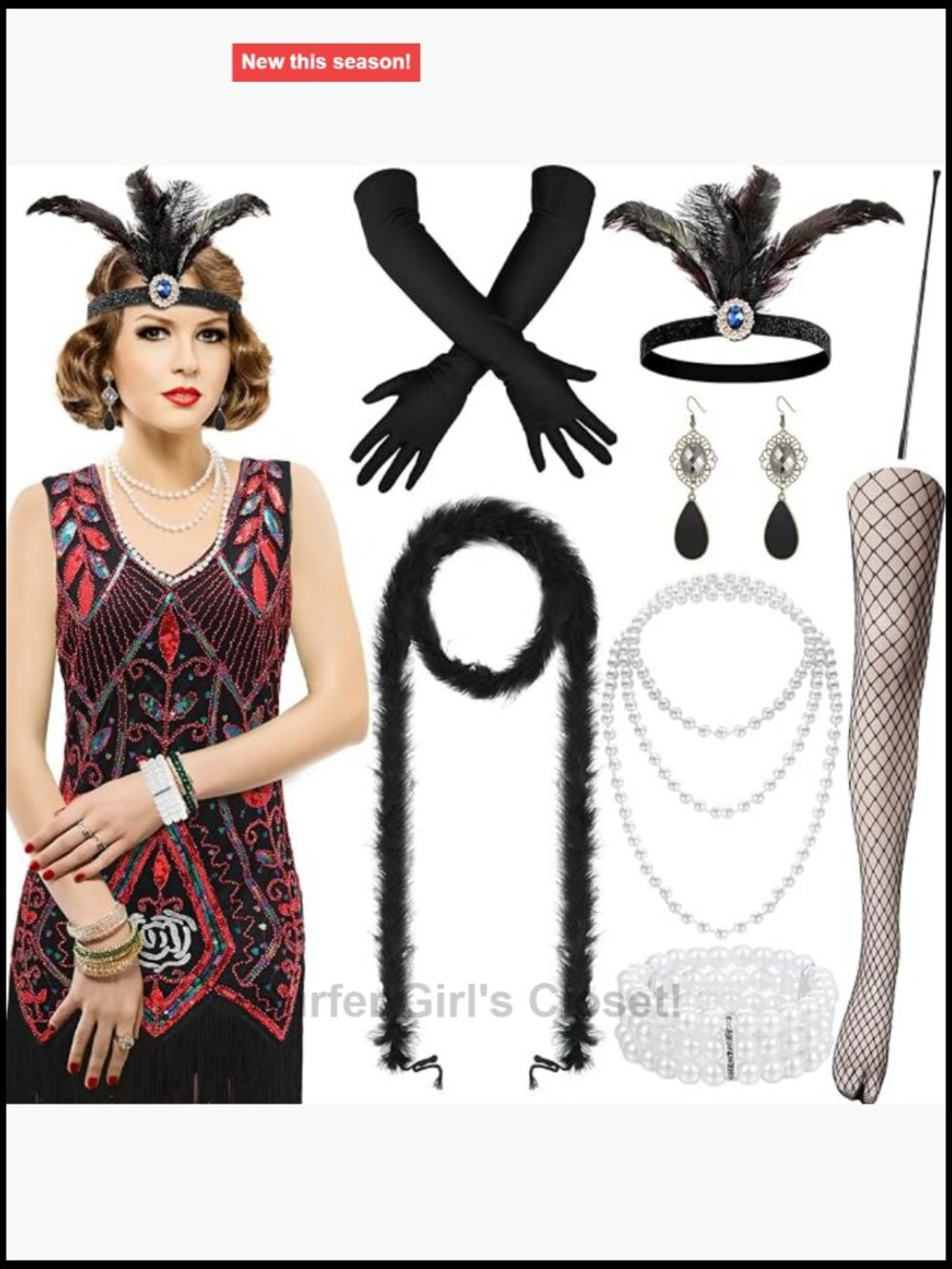 Vintage Flapper Dress Costume Set with Fringe Sequin, Accessories, 1920s